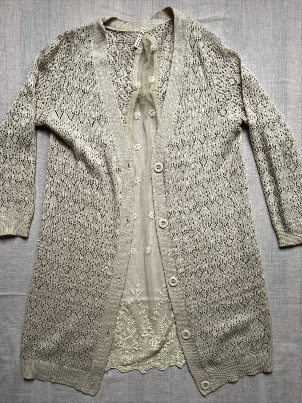 POL Light Beige Openwork Button-Front Knit Cardigan